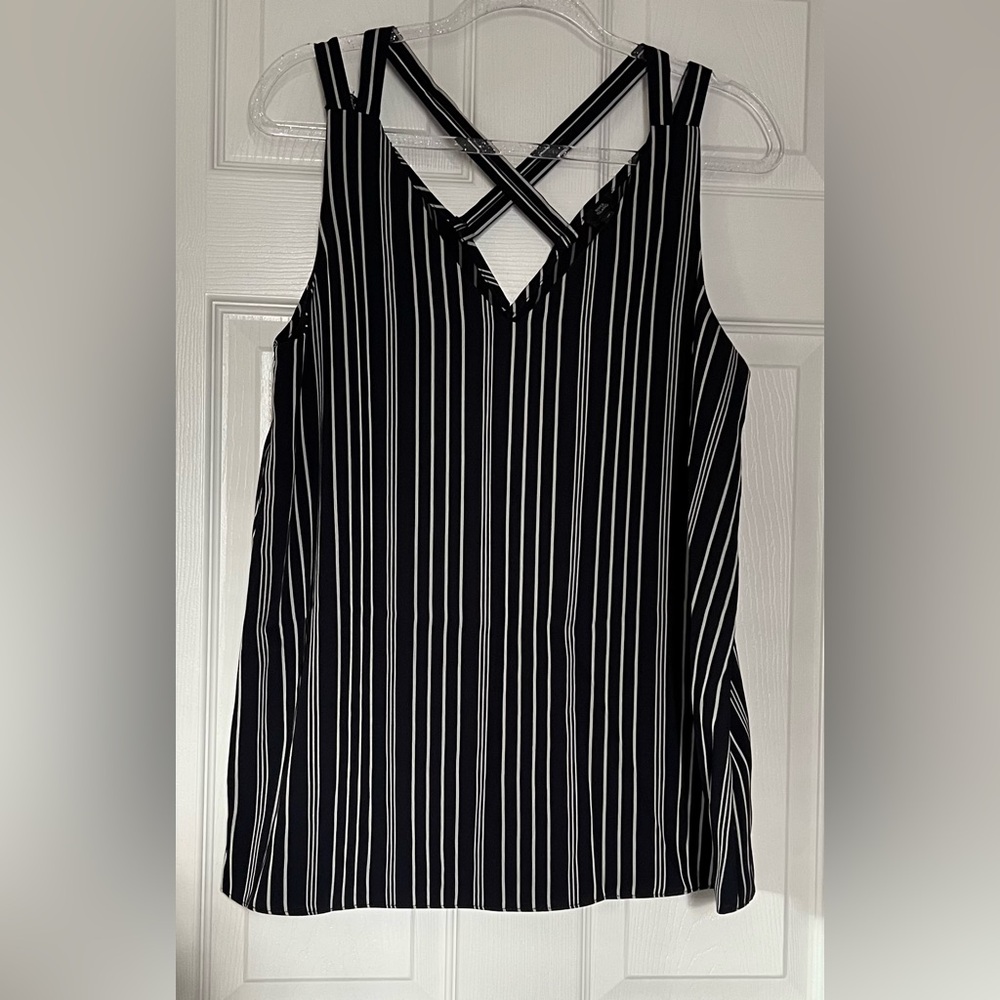 River Island UK Navy Blue & Cream Striped Top Criss-Cross Strap Detail US10/UK14